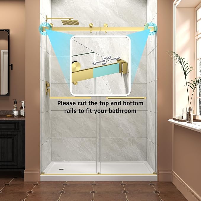 Frameless Shower Door,55-60" W x 76" H Sliding Glass Shower Door,5/16"(8mm) Thick Tempered Clear Glass with Explosion-Proof Film Nano Coating,Waterproof Strip,Brushed Gold
