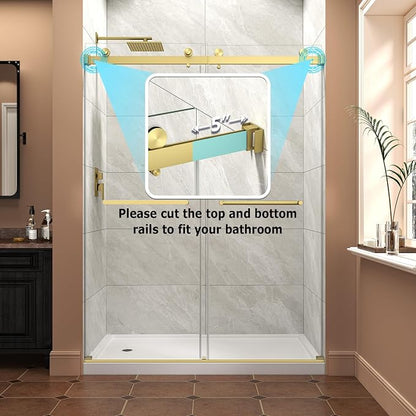Frameless Shower Door,55-60" W x 76" H Sliding Glass Shower Door,5/16"(8mm) Thick Tempered Clear Glass with Explosion-Proof Film Nano Coating,Waterproof Strip,Brushed Gold