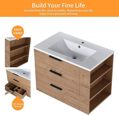 30" Bathroom Vanity with Sink, Floating Bathroom Vanity,Modern Vanity Bathroom,Wall-Mounted Bathroom Vanity with Top Basin & Storage Cabinet,Brown, 3 Drawers&3 Shelves