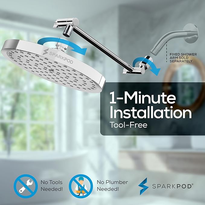 SparkPod 8" Round Rain Shower Head with 11" Shower Arm | Shower Head & Extension Arm Combo, Height Adjustable, High Pressure Performance, Easy 1-Minute Installation,Polished Chrome
