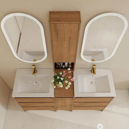60" Bathroom Vanity Set, 60 Inch Modern Freestanding Vanity with 6 Drawers and 1 Wall-Mounted Side Cabinet, Double Resin Sinks Floor Stand Cabinet Set Imitative Oak