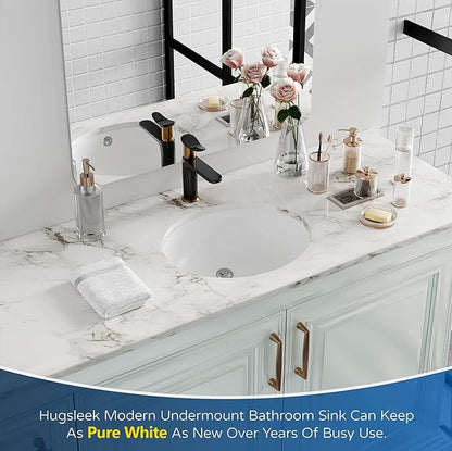 Undermount Bathroom Sink Oval, Hugsleek Interior Bowl Size 18 x 15 inch White Porcelain Ceramic Vessel Sink Under Counter Oval Exterior size 20x16in Bath Sink Bowl Basin Lavatory Vanity Fireclay
