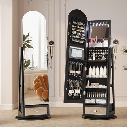 LVSOMT 64" H Arched LED Mirror Jewelry Cabinet Standing, Black | 360° Swivel Full-Length Mirror with Storage, Lockable Jewelry Organizer with Inner Makeup Shelf, Gift for Women