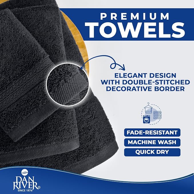 DAN RIVER 8 Piece Luxury Bath Towels for Bathroom, Towel Set, Dark Gray | 2 Bath towels, 2 Hand towels, and 4 Wash Cloths, 600 GSM 100% Ring Spun Cotton, Highly Absorbent, Gym, Hotel, guest, and Spa