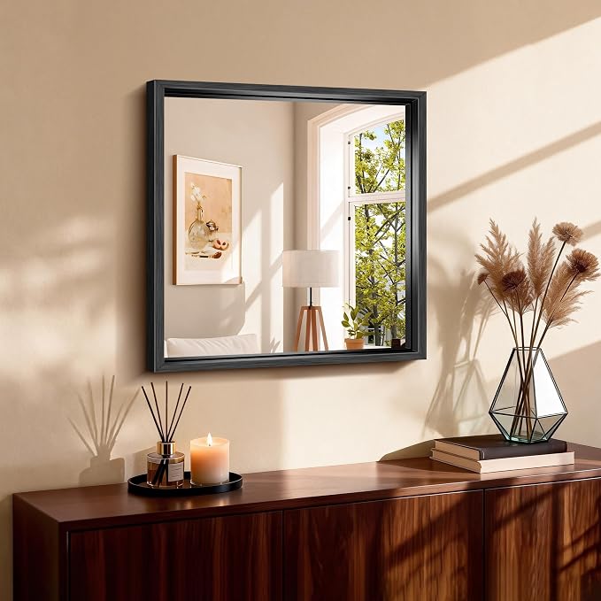 CIRCUMI 24"x24" Brushed Black Bathroom Mirror, Square Mirror for Vanity | Chunky Box Metal Frame, Shatterproof, Tempered Glass, Bathroom Remodel&New Home,Wall Mirror for Over Sink,Living Room,Hallway