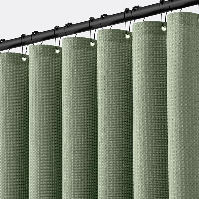 MIULEE Waffle Weave Fabric Shower Bath Curtain with 12 Metal Hooks 260GSM Heavy Duty Washable Waterproof Narrow Thick Cloth Shower Curtains Set for Bathroom Hotel, W72*L72, Sage Green