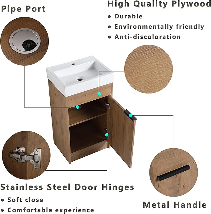 18 Inch Bathroom Vanity with Sink Combo, Floor-Mounted Bathroom Vanity with Soft Close Door&1 Adjustable Shelf,Modern Freestanding Bathroom Vanity with Top Basin & Storage Cabinet,Brown