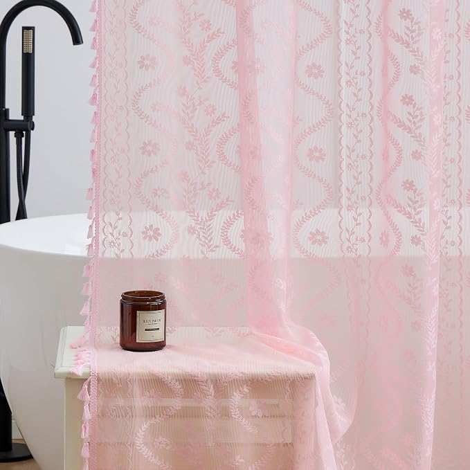 WAZZIO Pink Lace Shower Curtain - Vintage Pretty Pastel Girl Floral Shower Curtain Girly, Cute Coquette Tassel Princess Bath Curtains for Bathroom, 72 x 72 Inch, 1 Panel