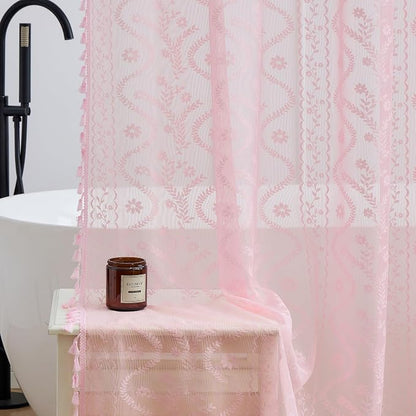 WAZZIO Pink Lace Shower Curtain - Vintage Pretty Pastel Girl Floral Shower Curtain Girly, Cute Coquette Tassel Princess Bath Curtains for Bathroom, 72 x 72 Inch, 1 Panel