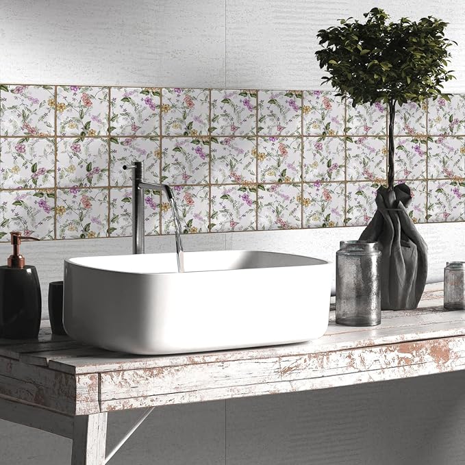 Alwayspon Vinyl Sticker Peel and Stick, Self-Adhesive Wall Tile Transfers Backsplash Sticker Decal for Kitchen Bathroom, 6x6inch/15x15cm 10Pcs, Purple Floral T040