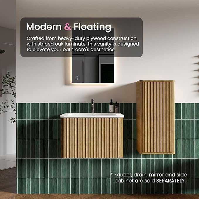 24" Bathroom Vanity with Sink, Modern Floating Vanity with Push Open Soft Close Drawer, Large Storage for Small Space, Hotel, Natural Oak, Fully Assembled - Camellia Collection