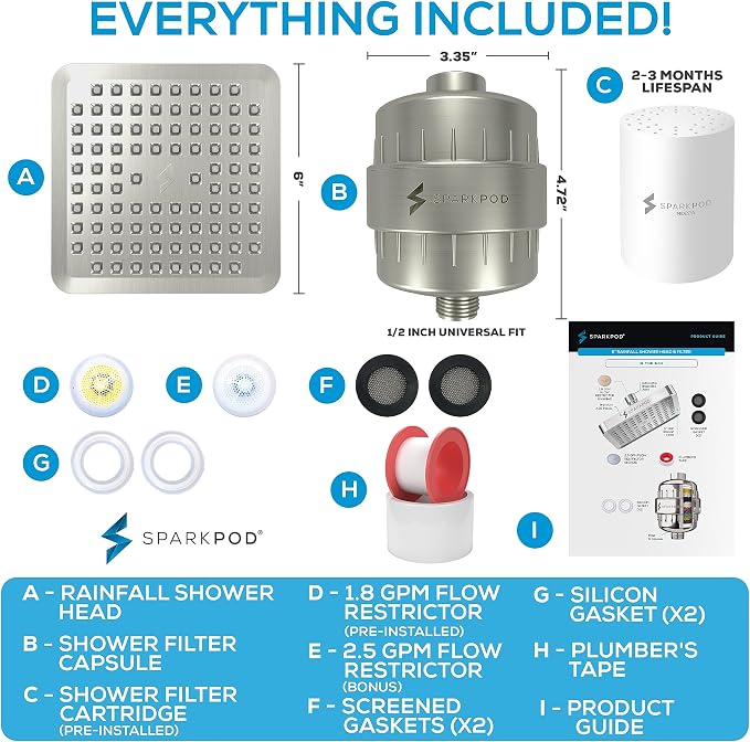 SparkPod Filtered Shower Head, 23-Stage, 6" Square, Brushed Nickel | Showerhead for Hard Water, High Pressure, Reduces Chlorine, Heavy Metals, For Dry Skin & Hair, Removable Capsule Filter