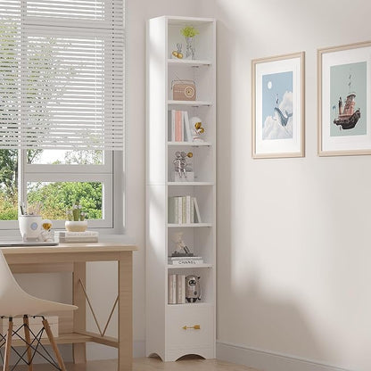 VECELO Tall Narrow Bookshelf with Drawer, 6 Adjustable Movable Shelves, Wood Space Saving Corner Storage Cabinet for Bathroom Bedroom, Pearl White