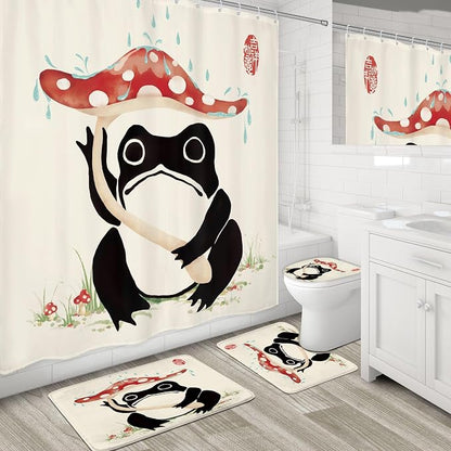 4PCS Funny Frog 71Wx71H Inches Mushroom Asian Grassland Japanese Shower Curtain Sets with Rugs, Toilet Lid Cover and Bath Mat, Traditional Bath Accessories Art Home Decor Fabric 12 Pack Hooks