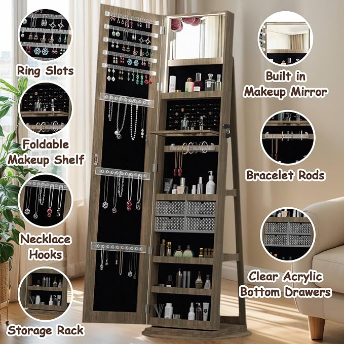 360° Swivel Jewelry Armoire with Full-Length Mirror, Lockable Standing Jewelry Cabinet Organizer w/ Inside Makeup Mirror, Back Storage Shelves for Bedroom, Cloakroom, Living Room (Antique Brown1)