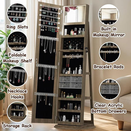 360° Swivel Jewelry Armoire with Full-Length Mirror, Lockable Standing Jewelry Cabinet Organizer w/ Inside Makeup Mirror, Back Storage Shelves for Bedroom, Cloakroom, Living Room (Antique Brown1)