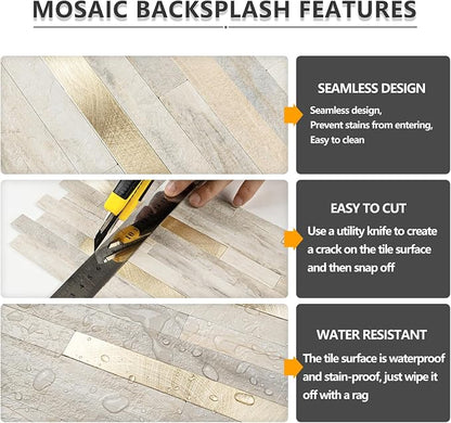 STICKGOO 2 Sheets Peel and Stick Backsplash Tile, Stick on Backsplash for Kitchen and Bathroom, Sunny Beige Look PVC Mixed Metal Gold Self Adhesive Wall Tiles
