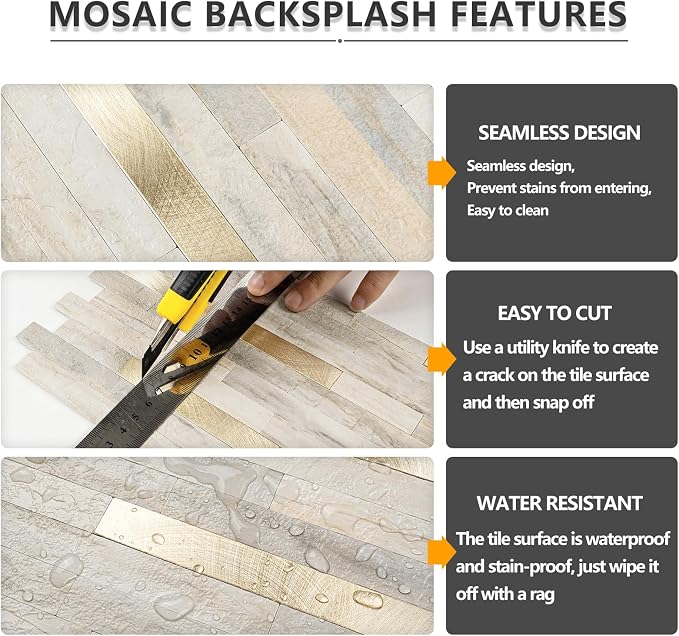 STICKGOO 20 Sheets Peel and Stick Backsplash Tile, Stick on Backsplash for Kitchen and Bathroom, Sunny Beige Look PVC Mixed Metal Gold Self Adhesive Wall Tiles