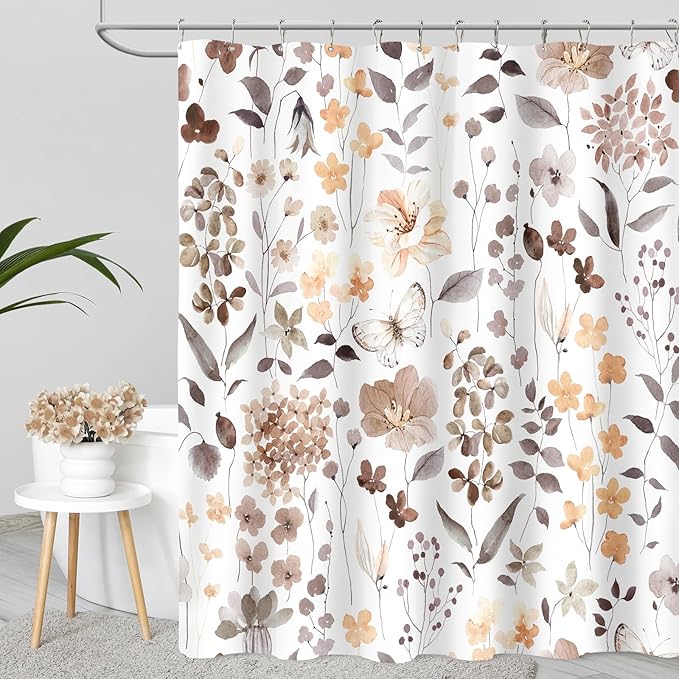 Extra Long Shower Curtain 72 x 84 Inch, Tall Brown Floral Shower Curtain for Bathroom, Watercolor Flower Butterfly Fabric Shower Curtain Set with Hooks