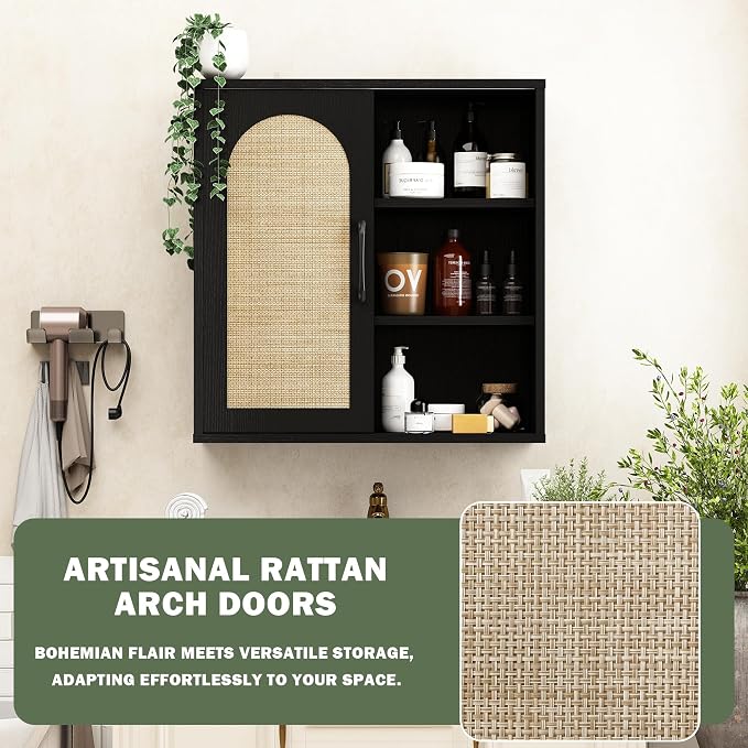 RUSTOWN Boho Rattan Bathroom Wall Cabinet with Sliding Door, Black | Farmhouse Bathroom Cabinet, Adjustable Shelves, Over The Toilet Storage Cabinet, 3-Tier Wall Mounted Cabinets