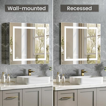 24x26 Inch Bathroom Medicine Cabinet with Mirror, Lighted Bathroom Mirror with Storage, Recessed /Surface Mount Medicine Cabinet with Socket & USB, Anti-Fog, 3 Colors Temperature, Dimmable Light