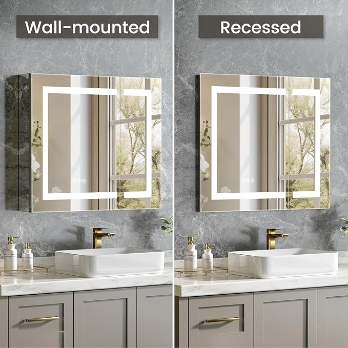 30x26 Inch Bathroom Medicine Cabinet with Mirror, Lighted Bathroom Mirror with Storage, Recessed /Surface Mount Medicine Cabinet with Socket & USB, Anti-Fog, 3 Colors Temperature, Dimmable Light