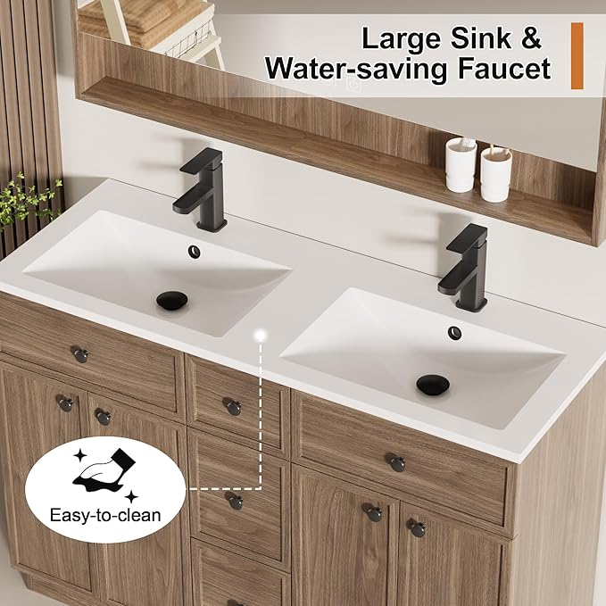 LUCKWIND 48" Bathroom Vanity Sink Combo, Modern Bathroom Cabinet with Double Undermount Solid Surface Vanity Sink, Soft-Close Hinges & Water-Saving Faucet, Taupe