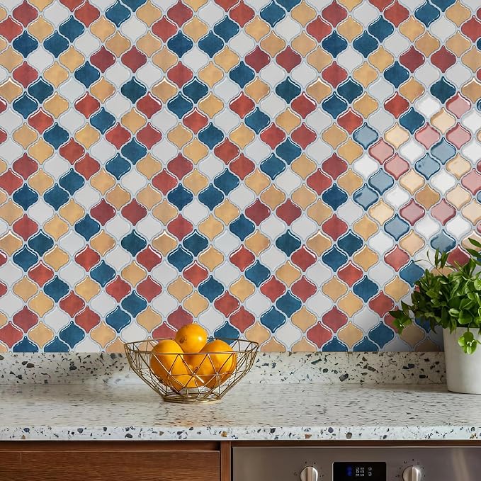 STICKGOO Arabesque Peel and Stick Backsplash, 12”X12” Backsplash Tile for Kitchen Peel and Stick, Self Adhesive Wall Tile Stick on Tiles (Moroccan Multi-Color)
