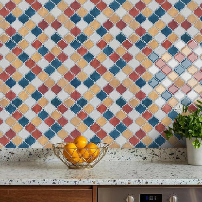 STICKGOO Arabesque Peel and Stick Backsplash, 12”X12” Backsplash Tile for Kitchen Peel and Stick, Self Adhesive Wall Tile Stick on Tiles (Moroccan Multi-Color)