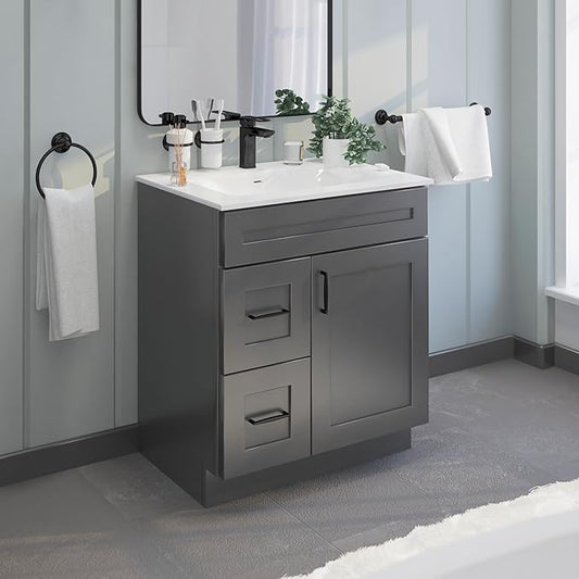 30" Shaker Bathroom Vanity Sink Base with Drawers (Ready-to-Assemble) (Grey Shaker Vanity Base)