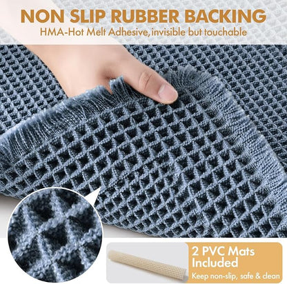 MIULEE Set of 2 Waffle Bathroom Rugs Bordered Bath Mat Blue 18x30 Inch | Non Slip, Super Absorbent, Washable, Ultra Soft, Rubber Backed Bath Rugs for Bathroom Floor Tub and Shower, Boho Decor