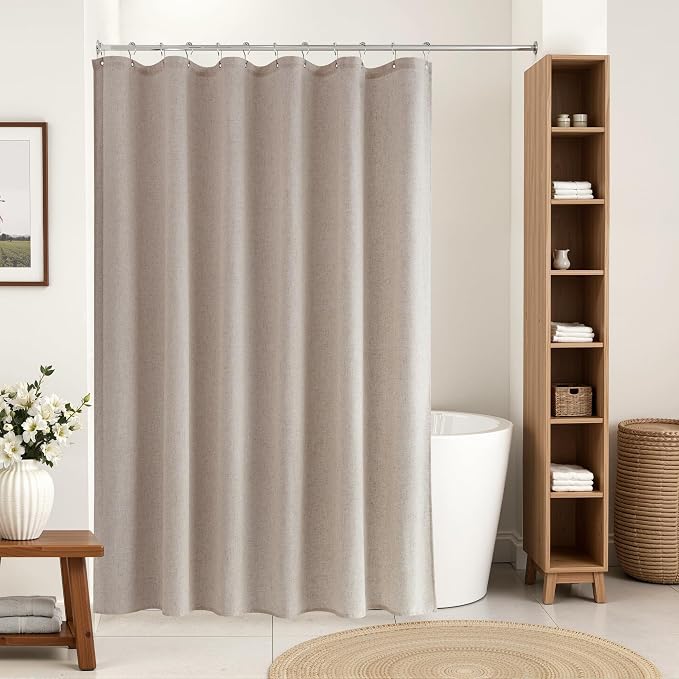 Extra Long Linen Shower Curtain 84 Inch Long for Bathroom Shower Curtains Set with Hooks Boho Farmhouse Fabric Neutral Modern Cottage Core Waterproof,Taupe Burlywood