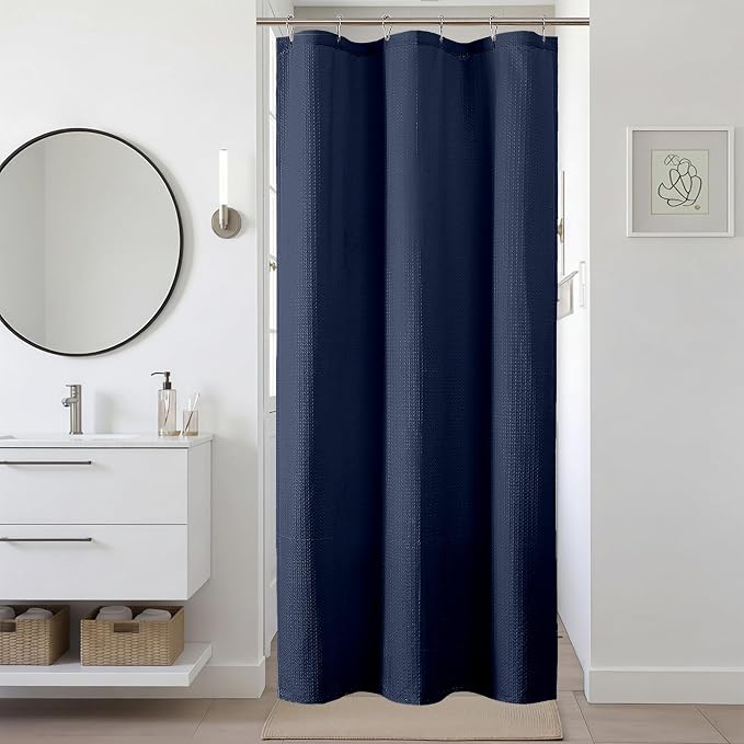 Navy Blue Stall Shower Curtain 36 x 72 Inch, Textured Soft Fabric Waffle Narrow Size Modern Shower Small Curtain for Bathroom Hotel, Machine Washable, Water Resistant, 36Wx72L Inches