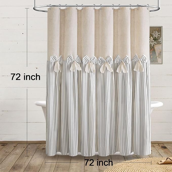Farmhouse Shower Curtain Linen Bow Pleated Green Stripe 72"W x 72"L | Farmhouse Style, Chic Bow, Striped, Linen Fabric, Rustic, Country, Natural Look, Washable, for Bathroom Bathtub