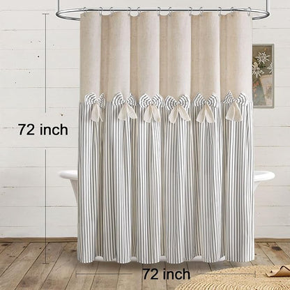 Farmhouse Shower Curtain Linen Bow Pleated Green Stripe 72"W x 72"L | Farmhouse Style, Chic Bow, Striped, Linen Fabric, Rustic, Country, Natural Look, Washable, for Bathroom Bathtub