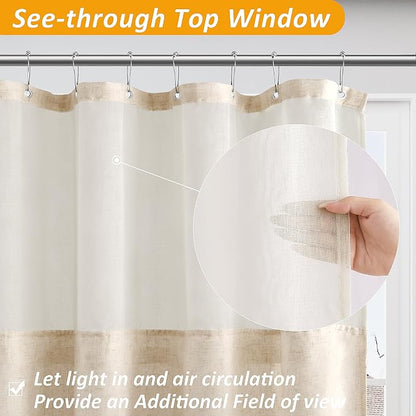 Linen Shower Curtain 72 Inches for Bathroom Ivory Double Layer | 6ft, Curtains with Hook, Snap in Liner, Water Repellent, Boho Farmhouse, Modern Bath Decor, 1 Panel, 72x72
