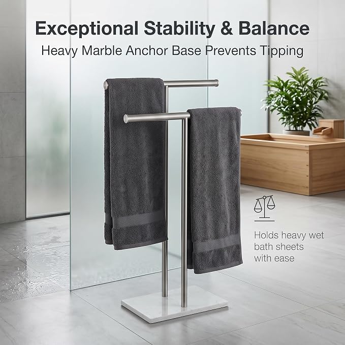 Double T Free Standing Towel Rack, Telescoping Marble Towel Stand | Expandable dual T-bar towel holder for bathroom with heavy marble base, adjustable height rustproof floor stand for pool
