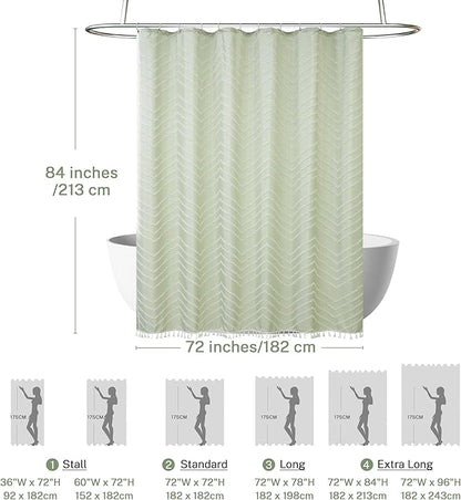 Extra Long Sage Green Boho Shower Curtain with White Tassel, Woven Fabric 84 in Shower Curtain, Tufted Chevron Striped, 72 x 84, Modern Chic Textured Minimalist Bathroom Shower