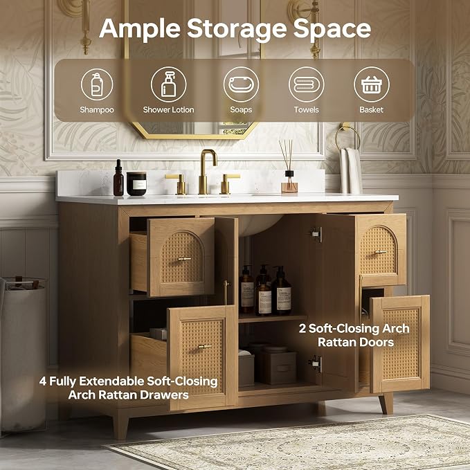 48 Inch Bathroom Vanity with Sink, Fully Assembled, Light Oak | Solid wood frame vanity with rattan details, gold hardware, 4 full-extension soft-close drawers, and adjustable feet