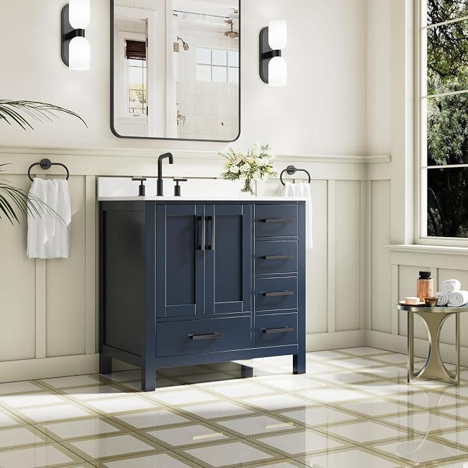 36-Inch Bathroom Vanity with Sink, 2 Soft-Close Doors and 5 Soft-Close Drawers, Bathroom Freestanding Vanity with Cultured Marble Countertop, Bathroom Navy Blue Vanity With Matte Black Handles