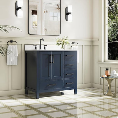 36-Inch Bathroom Vanity with Sink, 2 Soft-Close Doors and 5 Soft-Close Drawers, Bathroom Freestanding Vanity with Cultured Marble Countertop, Bathroom Navy Blue Vanity With Matte Black Handles