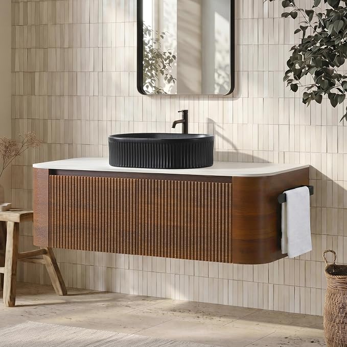 48" Floating Bathroom Vanity with Black Sink & Towel Rack, Walnut | Pre-Assembled Fluted Wall Mounted Vanity with Ceramic Vessel Sink, Rounded Edges, Soft-Close Drawer