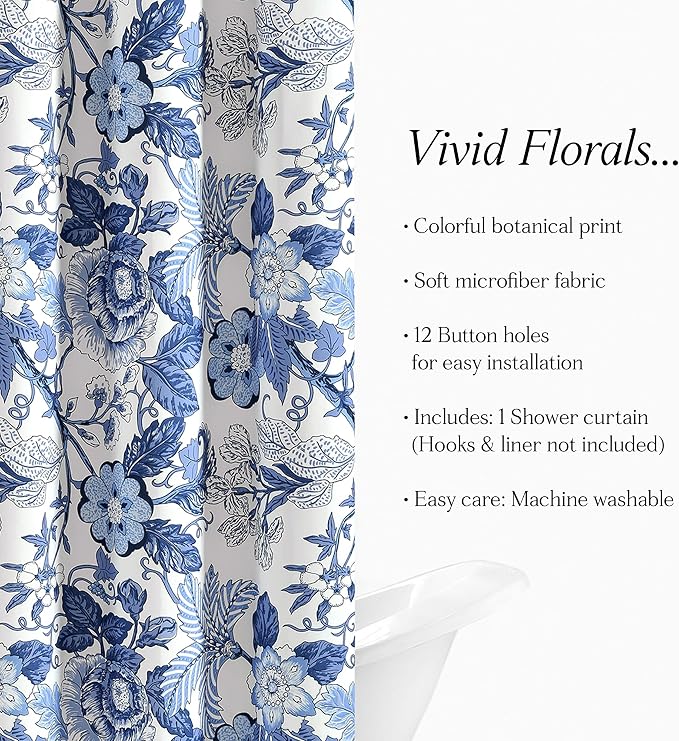 Lush Decor Sydney Floral Shower Curtain, 72" W x 72" L, Navy & White - Fabric Shower Curtains - Cottage Core Decor - Colorful Floral Print - Cute Bathroom Curtain