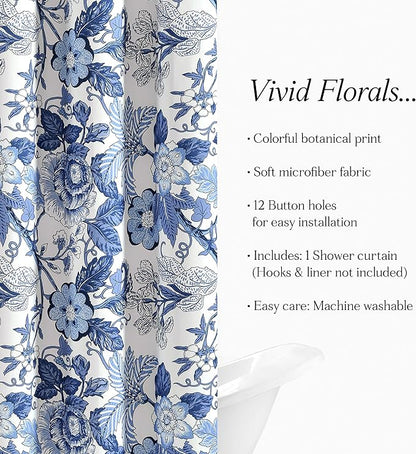 Lush Decor Sydney Floral Shower Curtain, 72" W x 72" L, Navy & White - Fabric Shower Curtains - Cottage Core Decor - Colorful Floral Print - Cute Bathroom Curtain