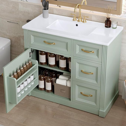 36" Bathroom Vanity with Ceramic Sink,Modern Freestanding Storage Cabinet w/Soft-Close Door and 2 Tip-Out & 2 Drawers,Undermount Single Basin Bath Vanity Set w/Adjustable Shelf,Green