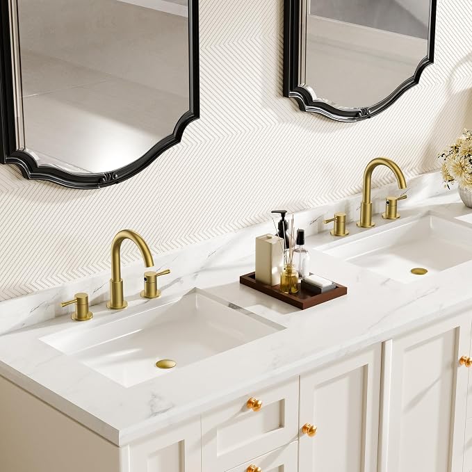 FORIOUS Bathroom Faucet 3 Hole, 360° Swivel 8 Inch Sink Faucet Brushed Gold | with Pop Up Drain, 2 Handles,for Sink Vanity RV Lavatory Farmhouse, 304 Stainless Steel, Lead-free, Leakproof