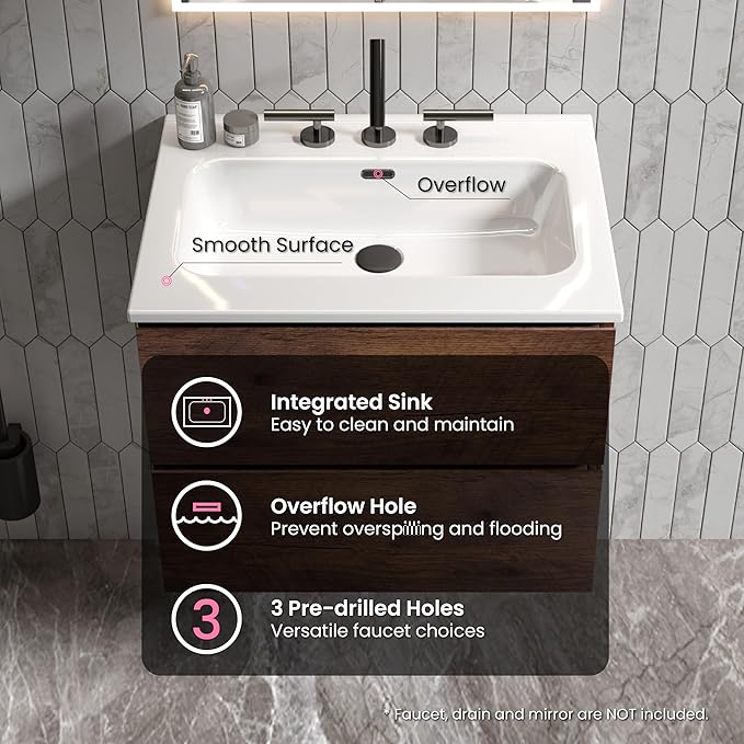 24" Bathroom Vanity with Sink, Modern Floating Vanity with Double Soft Closing Drawers, Large Storage for Small Space, Walnut, Fully Assembled - Iris Collection