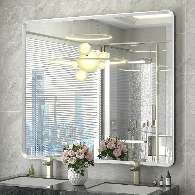 40x36 Inch Silver Bathroom Mirror for Wall | Silver Metal Frame, Rounded Rectangle Bathroom, Silverish Painted, Shatterproof, Anti-Rust (Horizontal/Vertical)