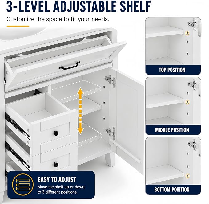 Bellemave 30" Bathroom Vanity with Sink, Bathroom vanities, White Bathroom Vanity with Drawers, Sink Cabinet, White 30"