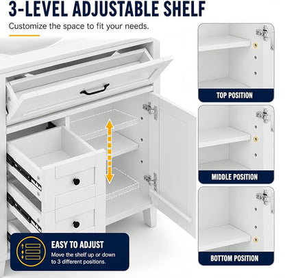 Bellemave 30" Bathroom Vanity with Sink, Bathroom vanities, White Bathroom Vanity with Drawers, Sink Cabinet, White 30"